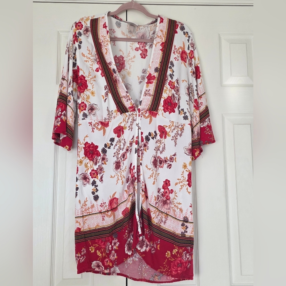 Knox Rose Floral V-Neck Kimono Top - Red and Cream, Size L